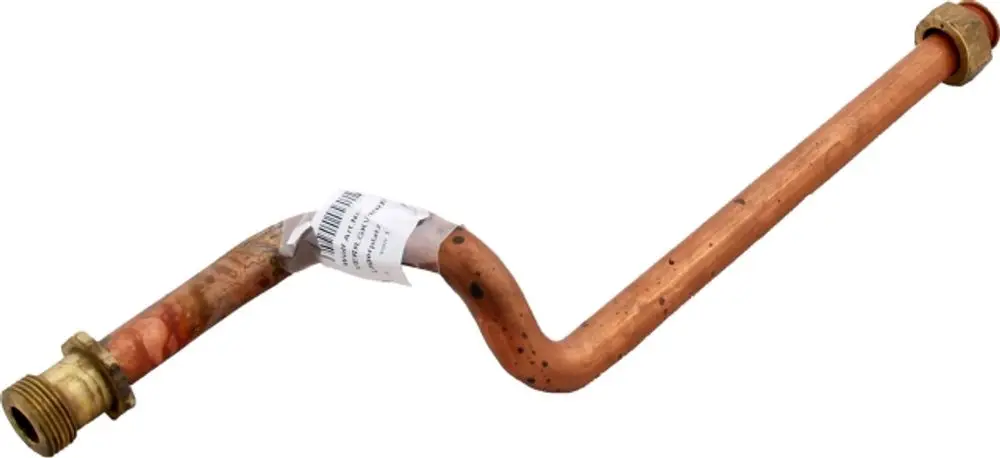 Kupferrohr mit einer Biegung und zwei Gewindeverbindungen. Produkt von Wolf, geeignet für Heizungsinstallationen oder Brenneranwendungen.
